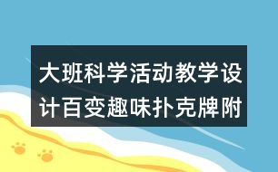 大班科學(xué)活動(dòng)教學(xué)設(shè)計(jì)百變?nèi)の稉淇伺疲ǜ椒此迹?></p>										
													<h3>1、大班科學(xué)活動(dòng)教學(xué)設(shè)計(jì)百變?nèi)の稉淇伺疲ǜ椒此迹?/h3><p>　　活動(dòng)目標(biāo)：</p><p>　　1、能有創(chuàng)意地用拼、搭、插的方法設(shè)計(jì)出各種造型。</p><p>　　2、在操作時(shí)體現(xiàn)耐心、合作、細(xì)致精神。</p><p>　　3、能夠用簡(jiǎn)單的語(yǔ)言介紹自己的作品。</p><p>　　4、發(fā)展合作探究與用符號(hào)記錄實(shí)驗(yàn)結(jié)果的能力。</p><p>　　5、能大膽進(jìn)行實(shí)踐活動(dòng)，并用完整的語(yǔ)言表達(dá)自己的意見(jiàn)。</p><p>　　重難點(diǎn)：能有創(chuàng)意地用拼、搭、插的方法設(shè)計(jì)出各種造型。</p><p>　　活動(dòng)準(zhǔn)備：撲克牌每人一副、剪刀等。撲克牌造型圖片。</p><p>　　活動(dòng)過(guò)程：</p><p>　　第一課時(shí)：</p><p>　　一、了解撲克牌</p><p>　　1、今天我們帶來(lái)了什么?(牌)他們是怎么樣的</p><p>　　2、現(xiàn)在我們要來(lái)玩一玩牌，你會(huì)怎么玩?</p><p>　　二、嘗試拼搭</p><p>　　1、今天我們要換一種方法玩撲克牌，把撲克牌拼一拼、搭一搭做出許多有趣的造型(比如飛機(jī)、火車(chē)等等)，你會(huì)嗎?我們一起試一試吧。</p><p>　　2、交流嘗試的體驗(yàn)：我拼了什么?我搭了什么?</p><p>　　第二課時(shí)</p><p>　　一、方法啟發(fā)</p><p>　　1、教師展示撲克牌造型的圖片，上次我們一起玩了撲克牌，還拼搭出了許多有趣的圖案，今天老師也帶來(lái)了一些圖片，看看它像什么?它是怎么做出來(lái)的?</p><p>　　2、教師演示操作的方法。</p><p>　　3、請(qǐng)“高手”幼兒上來(lái)表演精彩的撲克拼搭技藝。</p><p>　　二、幼兒創(chuàng)意</p><p>　　1、嘗試?yán)蠋熖崾镜姆椒ɑ蛘哂酶嗟姆椒ㄆ创畛鰮淇伺圃煨汀?/p><p>　　2、交流展</p><p>　　3、小組合作再次操作。</p><p>　　延伸：課后孩子們自由活動(dòng)的時(shí)間讓孩子們自主玩拼搭。</p><p>　　活動(dòng)反思：</p><p>　　本次活動(dòng)的題材來(lái)自于早期教育美術(shù)版中提到的一個(gè)操作創(chuàng)意“百變?nèi)の稉淇伺啤?，它用插接的方法把撲克牌拼接成許多有趣的造型，我覺(jué)得比較有趣。于是我便添加上了活動(dòng)目標(biāo)，賦予活動(dòng)流程，把該操作活動(dòng)設(shè)計(jì)成一個(gè)藝術(shù)創(chuàng)意活動(dòng)。之后在與鄧?yán)蠋煹慕涣髦校嬖V我他們班的孩子有很多都很會(huì)玩撲克牌，建議我去了解一下孩子的玩法，后來(lái)我發(fā)現(xiàn)孩子們還會(huì)用一種折疊的方法拼搭撲克牌，于是我把早期教育上提到的插接法和小朋友的折疊法都吸收到該活動(dòng)中，力求通過(guò)更多方法的啟發(fā)讓班內(nèi)的孩子們玩出更多的創(chuàng)意。于是我把活動(dòng)第一目標(biāo)定位能有創(chuàng)意地用拼、搭、插的方法設(shè)計(jì)出各種造型。在備課過(guò)程中，我發(fā)現(xiàn)一個(gè)作品的完成離不開(kāi)耐心細(xì)致，一步一步的努力，這個(gè)活動(dòng)不僅要鍛煉孩子的創(chuàng)意更需要提升這種創(chuàng)意背后的精神即耐心、合作、細(xì)致、踏實(shí)……于是我把在操作時(shí)體現(xiàn)耐心、合作、細(xì)致精神作為第二目標(biāo)。接下來(lái)是我對(duì)本次執(zhí)教之后的一點(diǎn)反思：</p><p>　　1、活動(dòng)內(nèi)容過(guò)于滿(mǎn)、多，把本次活動(dòng)定位兩課時(shí)較為合適。本次活動(dòng)的重點(diǎn)是在后面兩個(gè)環(huán)節(jié)，第一、二部分如果作為課前準(zhǔn)備，或者干脆作為第一課時(shí)去完成，這樣后面兩個(gè)環(huán)節(jié)能更有效的去達(dá)到活動(dòng)制定的目標(biāo)。</p><p>　　2、在細(xì)節(jié)處理上還必須花功夫。比如我在示范的時(shí)候，我發(fā)現(xiàn)讓孩子看著我做完一個(gè)作品比較費(fèi)時(shí)，畢竟一個(gè)活動(dòng)更多的實(shí)踐留給孩子才是最重要的，所以聽(tīng)課老師建議我在教育準(zhǔn)備的時(shí)候做完一個(gè)成品，這樣可以示范完基本步驟后，直接出示成品，既清楚又明了。</p><p>　　3、用不同的方式拼搭出不同的撲克牌造型，玩的就是一種創(chuàng)意的精神，每次在教導(dǎo)孩子的時(shí)候，我自己也在不斷地自我學(xué)習(xí)、向孩子學(xué)習(xí)。我們說(shuō)創(chuàng)意學(xué)不來(lái)，但是創(chuàng)意的精神是可以學(xué)習(xí)的，創(chuàng)意的能力是可以練習(xí)的，比如撲克牌這個(gè)東西，我相信還可以執(zhí)教一堂數(shù)學(xué)活動(dòng)，比如10以?xún)?nèi)加減、組成等，還可以設(shè)計(jì)成一個(gè)藝術(shù)活動(dòng)，比如欣賞各式各樣的撲克牌造型，設(shè)計(jì)撲克牌造型等，甚至是音樂(lè)活動(dòng)用撲克牌打節(jié)奏……換一種方法，換一個(gè)角度，創(chuàng)意之花無(wú)處不在。</p><h3>2、大班教案《百變?nèi)の稉淇伺啤泛此?/h3><p><strong>活動(dòng)目標(biāo)：</strong></p><p>　　1、能有創(chuàng)意地用拼、搭、插的方法設(shè)計(jì)出各種造型。</p><p>　　2、在操作時(shí)體現(xiàn)耐心、合作、細(xì)致精神。</p><p>　　3、能夠用簡(jiǎn)單的語(yǔ)言介紹自己的作品。</p><p>　　4、發(fā)展幼兒的觀察力、想象力。</p><p>　　5、能大膽進(jìn)行實(shí)踐活動(dòng)，并用完整的語(yǔ)言表達(dá)自己的意見(jiàn)。</p><p><strong>重難點(diǎn)：</strong></p><p>　　能有創(chuàng)意地用拼、搭、插的方法設(shè)計(jì)出各種造型。</p><p><strong>活動(dòng)準(zhǔn)備：</strong></p><p>　　撲克牌每人一副、剪刀等。撲克牌造型圖片。</p><p><strong>活動(dòng)過(guò)程：</strong></p><p>　　第一課時(shí)：</p><p>　　一、了解撲克牌</p><p>　　1、今天我們帶來(lái)了什么?(牌)他們是怎么樣的</p><p>　　2、現(xiàn)在我們要來(lái)玩一玩牌，你會(huì)怎么玩?</p><p>　　二、嘗試拼搭</p><p>　　1、今天我們要換一種方法玩撲克牌，把撲克牌拼一拼、搭一搭做出許多有趣的造型(比如飛機(jī)、火車(chē)等等)，你會(huì)嗎?我們一起試一試吧。</p><p>　　2、交流嘗試的體驗(yàn)：我拼了什么?我搭了什么?</p><p>　　第二課時(shí)</p><p>　　一、方法啟發(fā)</p><p>　　1、教師展示撲克牌造型的圖片，上次我們一起玩了撲克牌，還拼搭出了許多有趣的圖案，今天老師也帶來(lái)了一些圖片，看看它像什么?它是怎么做出來(lái)的?</p><p>　　2、教師演示操作的方法。</p><p>　　3、請(qǐng)“高手”幼兒上來(lái)表演精彩的撲克拼搭技藝。</p><p>　　二、幼兒創(chuàng)意</p><p>　　1、嘗試?yán)蠋熖崾镜姆椒ɑ蛘哂酶嗟姆椒ㄆ创畛鰮淇伺圃煨汀?/p><p>　　2、交流展</p><p>　　3、小組合作再次操作。</p><p>　　延伸：課后孩子們自由活動(dòng)的時(shí)間讓孩子們自主玩拼搭。</p><p><strong>活動(dòng)反思：</strong></p><p>　　本次活動(dòng)的題材來(lái)自于早期教育美術(shù)版中提到的一個(gè)操作創(chuàng)意“百變?nèi)の稉淇伺啤?，它用插接的方法把撲克牌拼接成許多有趣的造型，我覺(jué)得比較有趣。于是我便添加上了活動(dòng)目標(biāo)，賦予活動(dòng)流程，把該操作活動(dòng)設(shè)計(jì)成一個(gè)藝術(shù)創(chuàng)意活動(dòng)。之后在與鄧?yán)蠋煹慕涣髦?，她告訴我他們班的孩子有很多都很會(huì)玩撲克牌，建議我去了解一下孩子的玩法，后來(lái)我發(fā)現(xiàn)孩子們還會(huì)用一種折疊的方法拼搭撲克牌，于是我把早期教育上提到的插接法和小朋友的折疊法都吸收到該活動(dòng)中，力求通過(guò)更多方法的啟發(fā)讓班內(nèi)的孩子們玩出更多的創(chuàng)意。于是我把活動(dòng)第一目標(biāo)定位能有創(chuàng)意地用拼、搭、插的方法設(shè)計(jì)出各種造型。在備課過(guò)程中，我發(fā)現(xiàn)一個(gè)作品的完成離不開(kāi)耐心細(xì)致，一步一步的努力，這個(gè)活動(dòng)不僅要鍛煉孩子的創(chuàng)意更需要提升這種創(chuàng)意背后的精神即耐心、合作、細(xì)致、踏實(shí)……于是我把在操作時(shí)體現(xiàn)耐心、合作、細(xì)致精神作為第二目標(biāo)。接下來(lái)是我對(duì)本次執(zhí)教之后的一點(diǎn)反思：</p><p>　　1、活動(dòng)內(nèi)容過(guò)于滿(mǎn)、多，把本次活動(dòng)定位兩課時(shí)較為合適。本次活動(dòng)的重點(diǎn)是在后面兩個(gè)環(huán)節(jié)，第一、二部分如果作為課前準(zhǔn)備，或者干脆作為第一課時(shí)去完成，這樣后面兩個(gè)環(huán)節(jié)能更有效的去達(dá)到活動(dòng)制定的目標(biāo)。</p><p>　　2、在細(xì)節(jié)處理上還必須花功夫。比如我在示范的時(shí)候，我發(fā)現(xiàn)讓孩子看著我做完一個(gè)作品比較費(fèi)時(shí)，畢竟一個(gè)活動(dòng)更多的實(shí)踐留給孩子才是最重要的，所以聽(tīng)課老師建議我在教育準(zhǔn)備的時(shí)候做完一個(gè)成品，這樣可以示范完基本步驟后，直接出示成品，既清楚又明了。</p><p>　　3、用不同的方式拼搭出不同的撲克牌造型，玩的就是一種創(chuàng)意的精神，每次在教導(dǎo)孩子的時(shí)候，我自己也在不斷地自我學(xué)習(xí)、向孩子學(xué)習(xí)。我們說(shuō)創(chuàng)意學(xué)不來(lái)，但是創(chuàng)意的精神是可以學(xué)習(xí)的，創(chuàng)意的能力是可以練習(xí)的，比如撲克牌這個(gè)東西，我相信還可以執(zhí)教一堂數(shù)學(xué)活動(dòng)，比如10以?xún)?nèi)加減、組成等，還可以設(shè)計(jì)成一個(gè)藝術(shù)活動(dòng)，比如欣賞各式各樣的撲克牌造型，設(shè)計(jì)撲克牌造型等，甚至是音樂(lè)活動(dòng)用撲克牌打節(jié)奏……換一種方法，換一個(gè)角度，創(chuàng)意之花無(wú)處不在。</p><h3>3、大班游戲玩法(9個(gè))含反思</h3><p><strong>幼兒園大班游戲教案：</strong></p><p>　　天鵝</p><p><strong>游戲名稱(chēng)：投彩球（大班）</strong></p><p>　　目的：復(fù)習(xí)反義詞，豐富幼兒詞匯，發(fā)展幼兒的反應(yīng)能力。</p><p>　　準(zhǔn)備;彩球1個(gè)玩法：拋球者說(shuō)出一詞，如：大(黑、美麗、光滑)接球者必須說(shuō)出對(duì)應(yīng)的反義詞，如小(白、丑陋、粗糙)。游戲反復(fù)進(jìn)行。</p><p><strong>游戲名稱(chēng)：悄悄話(huà)（大班）</strong></p><p>　　目的：激發(fā)幼兒積極參與活動(dòng)的興趣。</p><p>　　玩法：按幼兒座次將其分成四組，教師悄悄地告訴每組排頭幼兒一句話(huà)，然后自排頭開(kāi)始往下傳話(huà)，傳到最后一名幼兒時(shí)，最后一名幼兒站起大聲說(shuō)出聽(tīng)到的話(huà)，以傳得又對(duì)又快的組為勝。</p><p><strong>游戲名稱(chēng)：猜謎（大班）</strong></p><p>　　目的：培養(yǎng)幼兒的思維能力、口語(yǔ)表達(dá)能力。</p><p>　　玩法：教師說(shuō)謎面請(qǐng)幼兒說(shuō)出謎底。也可請(qǐng)一名幼兒說(shuō)謎面，教師與其他幼兒進(jìn)行猜謎。</p><p><strong>游戲名稱(chēng)：超級(jí)模仿秀（大班）</strong></p><p>　　目的：培養(yǎng)幼兒模仿能力。</p><p>　　玩法：請(qǐng)3-5名幼兒到前面，側(cè)向全體幼兒，站成一排，面向第二名幼兒編一動(dòng)作(如起床穿衣、照鏡子、梳頭等)然后第二名幼兒再向第三名幼兒模仿第一名幼兒所做的動(dòng)作，依次模仿，最后一名幼兒模仿完動(dòng)作后，說(shuō)出做的是什么動(dòng)作。</p><p><strong>游戲名稱(chēng)：一槍打四個(gè)（大班）</strong></p><p>　　目的：練習(xí)手部動(dòng)作的靈活性，培養(yǎng)幼兒的快速反應(yīng)能力。</p><p>　　玩法：教師說(shuō)：